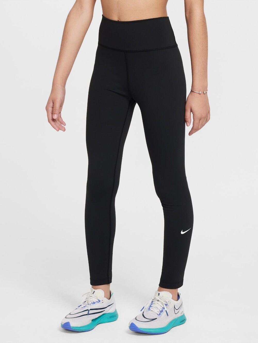 Nike Girls' Black High-Rise Athletic Leggings with White Swoosh Size Small